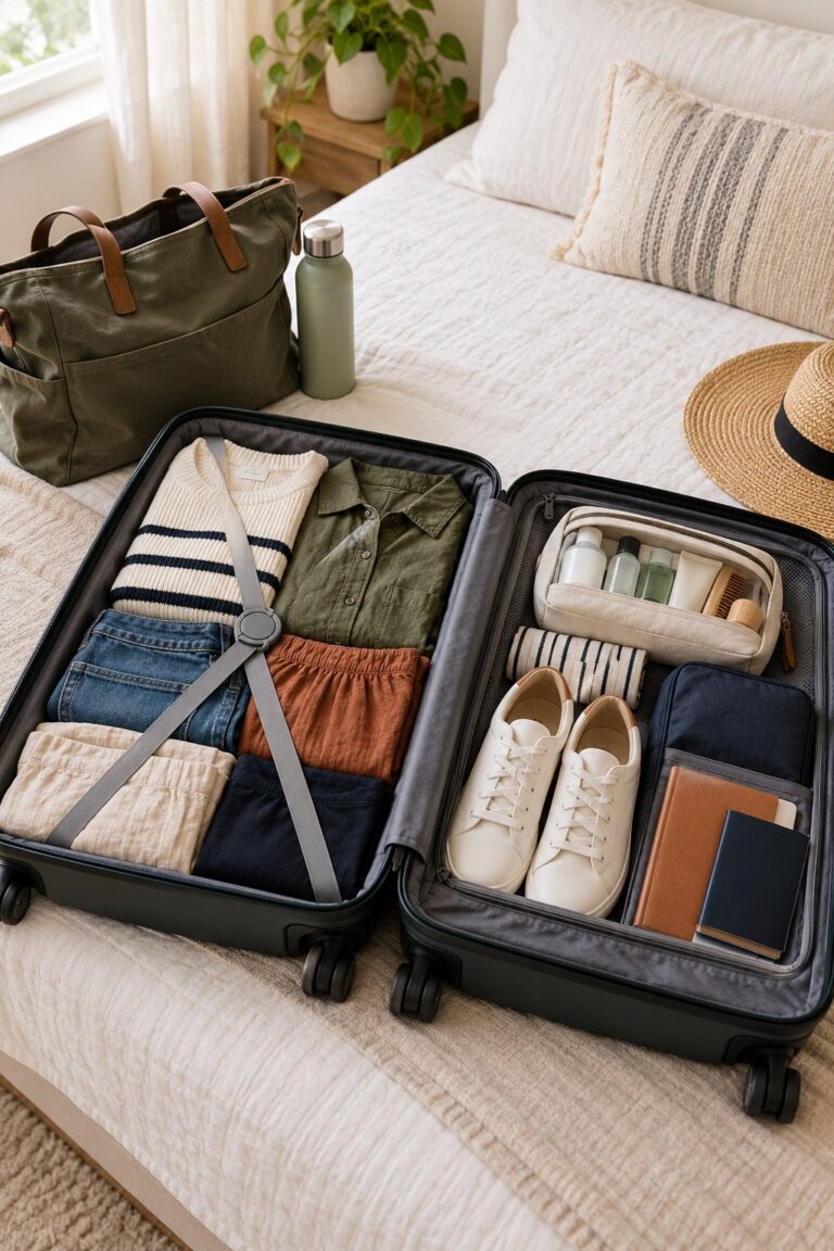 Open carry-on suitcase with folded clothes, shoes, toiletries, a travel tote, and a water bottle.