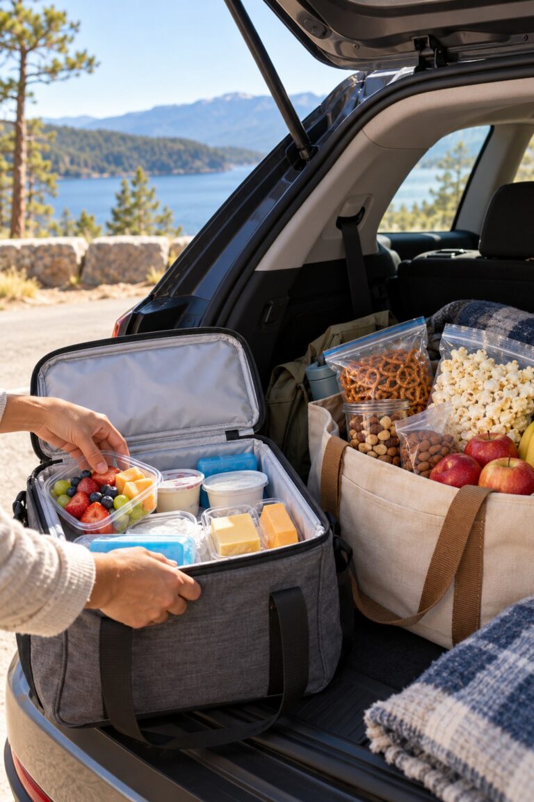 Open car trunk with a cooler of fruit, cheese, and containers beside a tote of shelf-stable snacks.