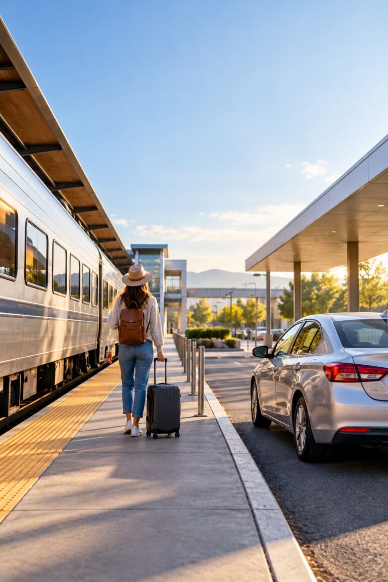 Traveler with a rolling suitcase walking between a passenger train and a parked rental car at a station.