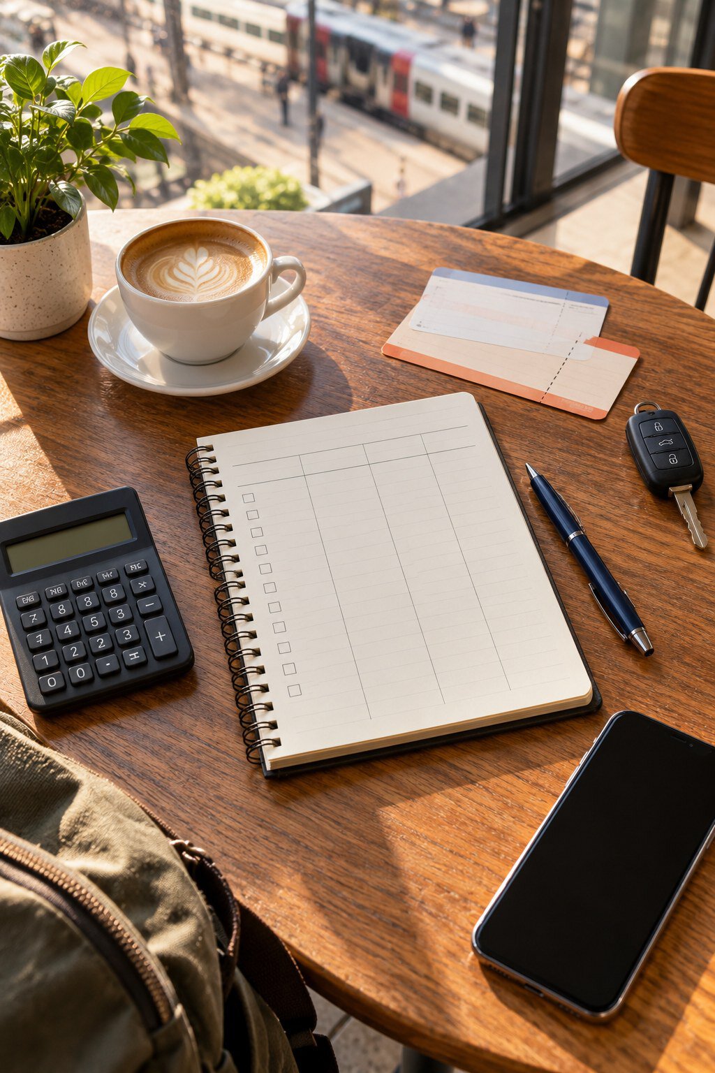 Notebook, calculator, train tickets, car keys, and phone on a café table beside a railway station.
