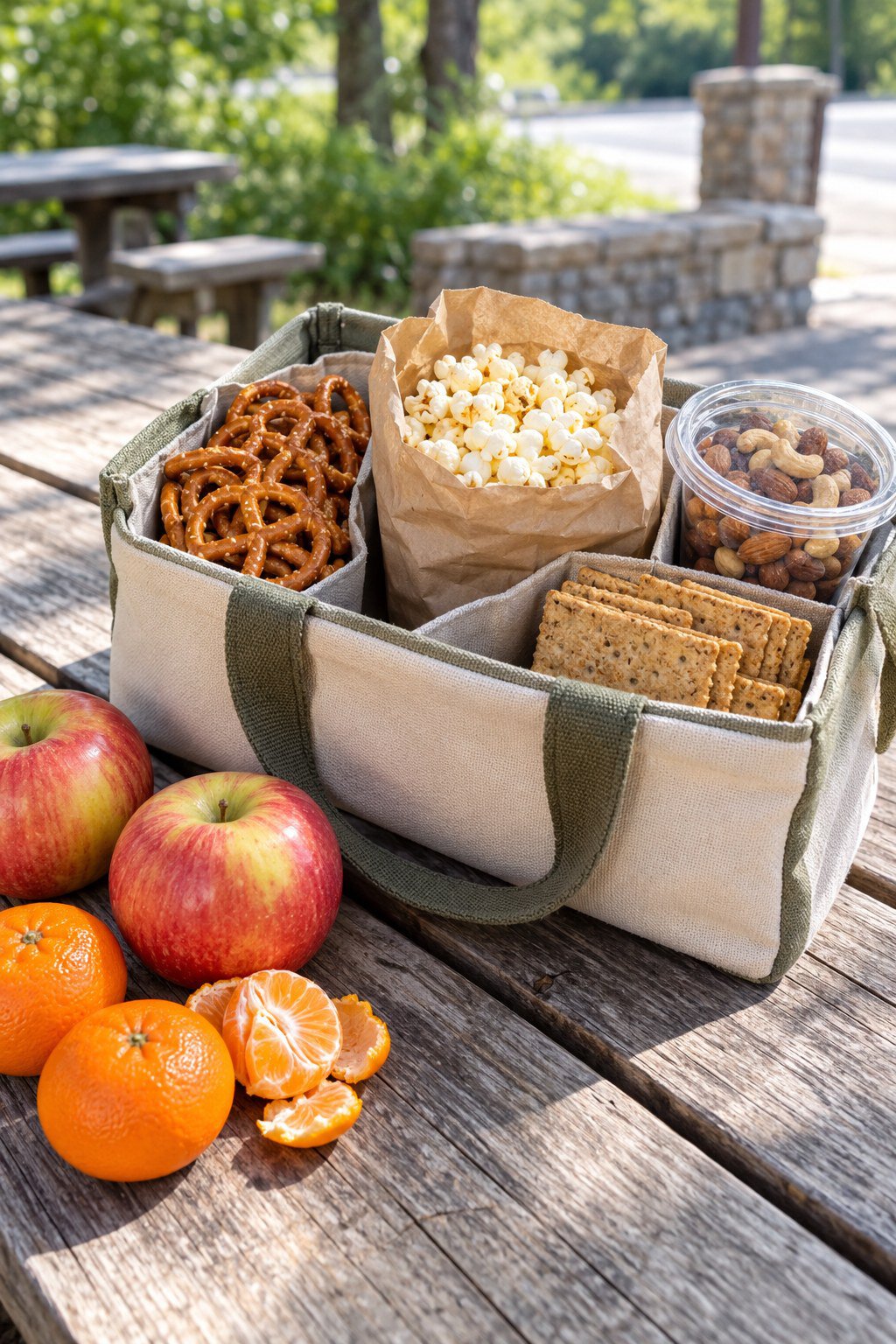 Pretzels, popcorn, nuts, crackers, apples, and citrus packed in a canvas snack tote.