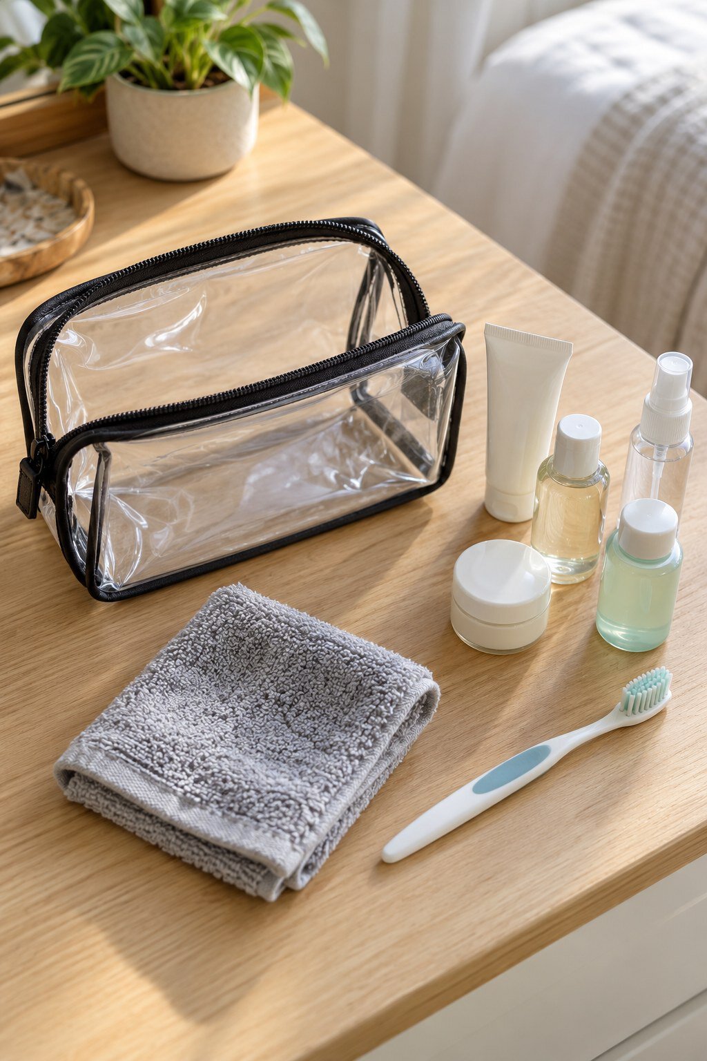 Clear zippered toiletry pouch with travel-size bottles, a cream tube, toothbrush, and folded washcloth.