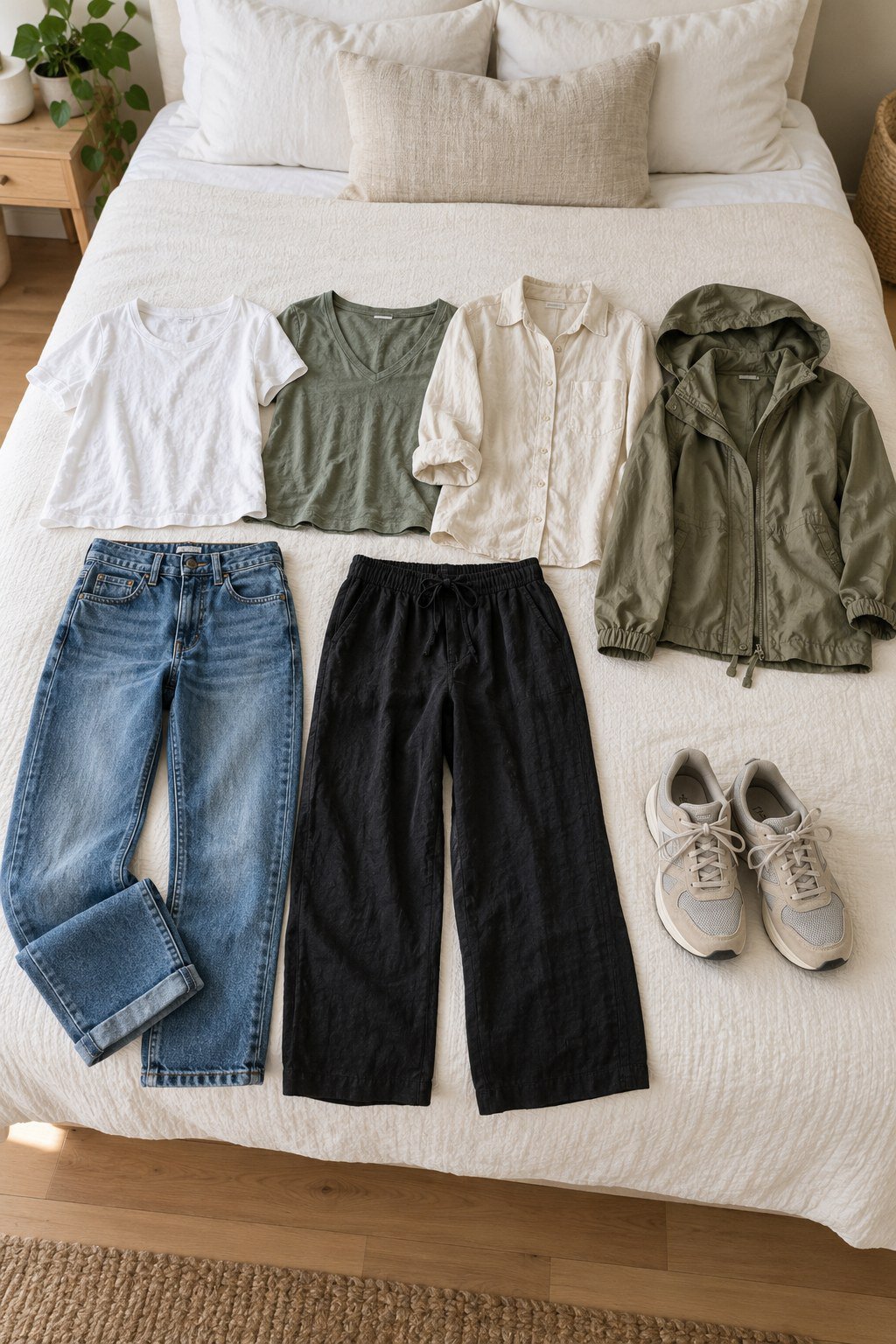 Neutral tops, two pairs of pants, a lightweight jacket, and sneakers arranged as a travel capsule wardrobe.
