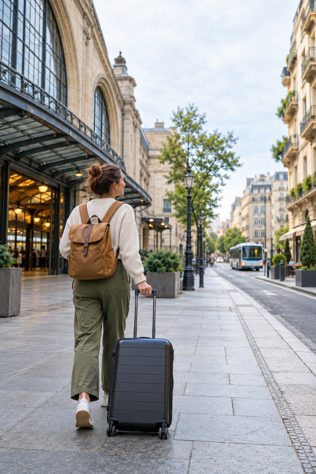 Traveler rolling a suitcase along a city street from a station toward a tram stop.