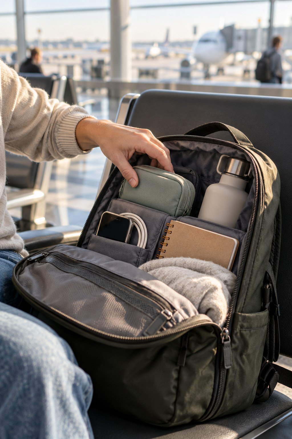 Open backpack with a phone, charging cable, notebook, water bottle, and small pouch at an airport seating area.