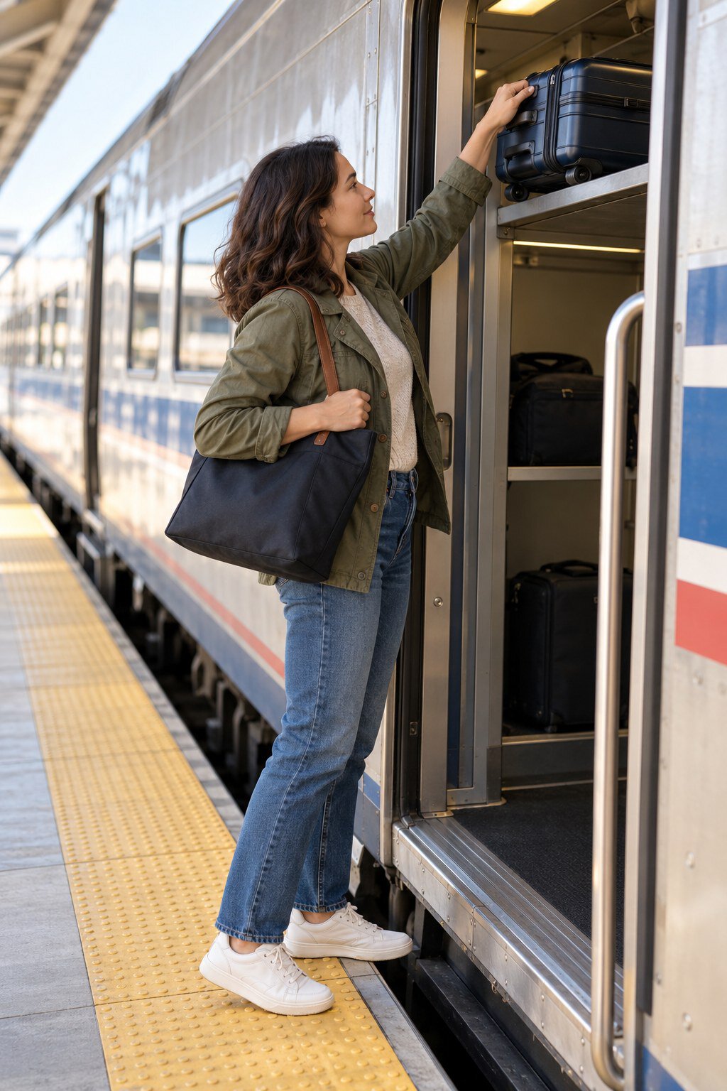 Traveler lifting a rolling suitcase into the overhead luggage rack of a passenger train.