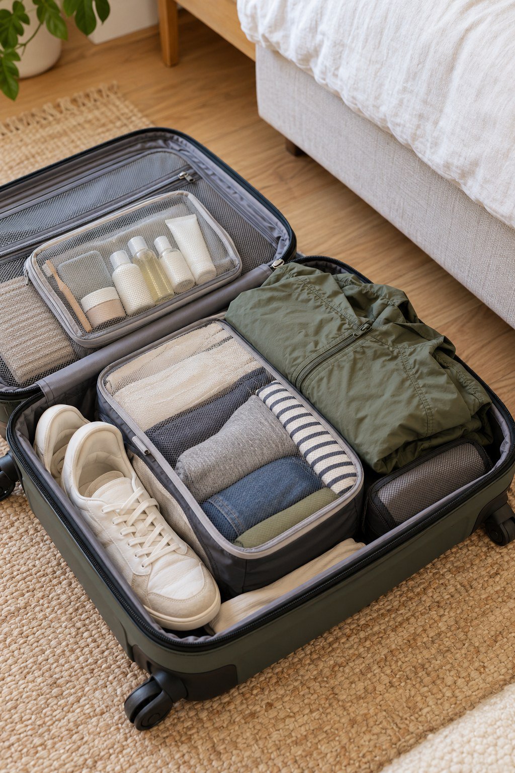 Open suitcase arranged with packing cubes, folded clothes, toiletries, and shoes.