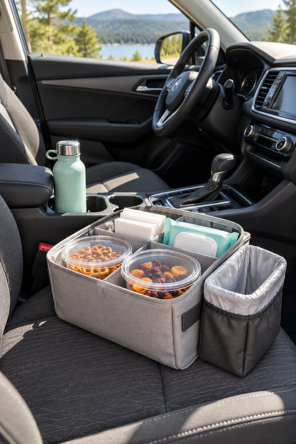 Car seat organizer with snack containers, napkins, wipes, a water bottle, and a lined trash pouch.