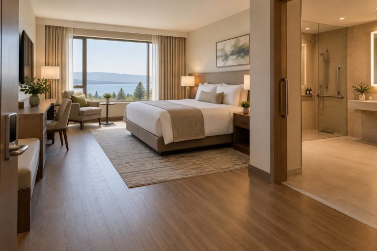 Step-free path through a hotel bedroom toward the bathroom