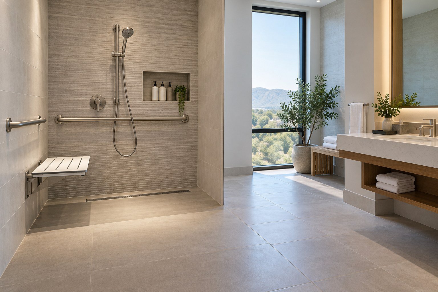 Hotel bathroom with a roll-in shower, grab bars, and clear floor space
