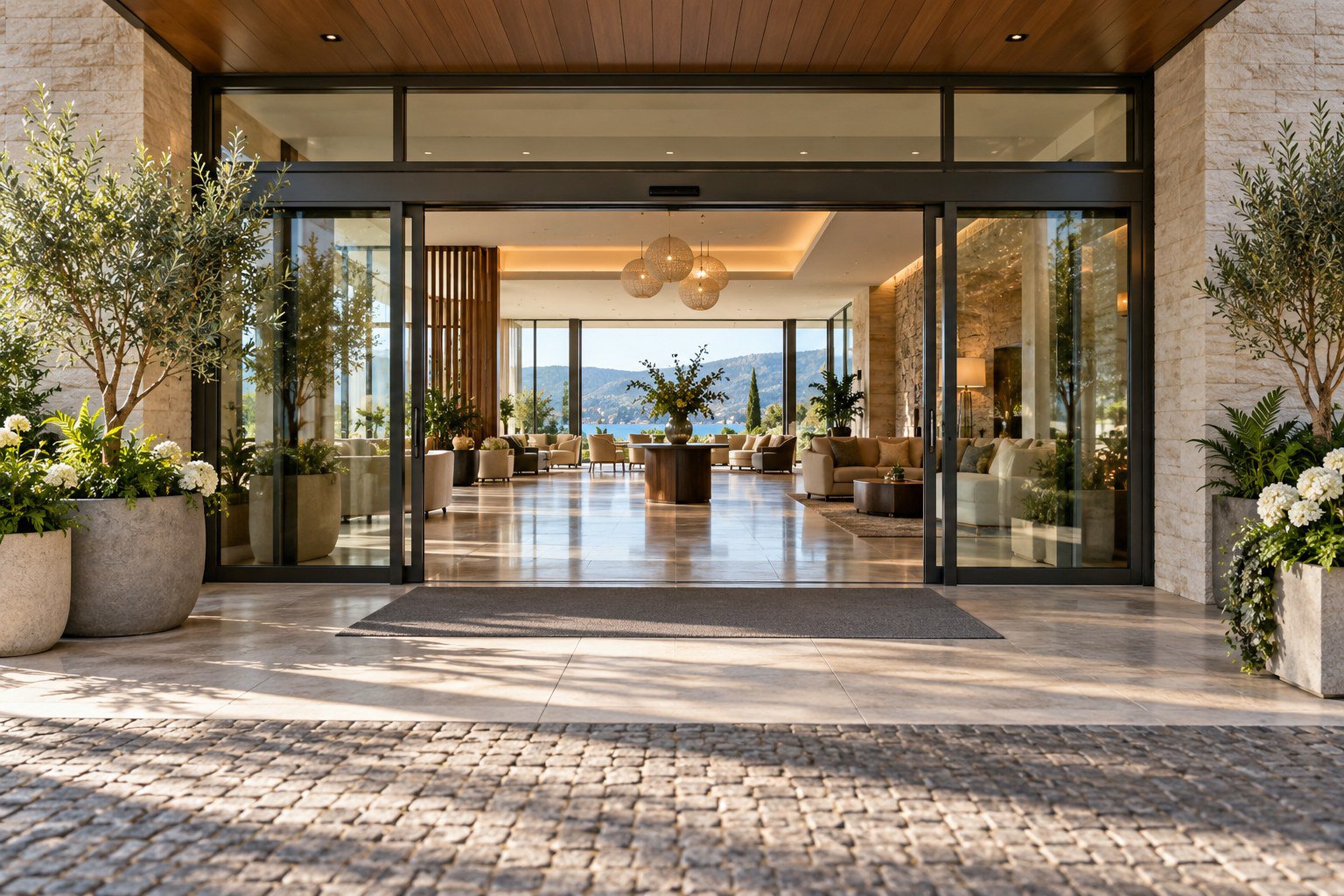 Step-free hotel entrance connecting the drop-off area to the lobby