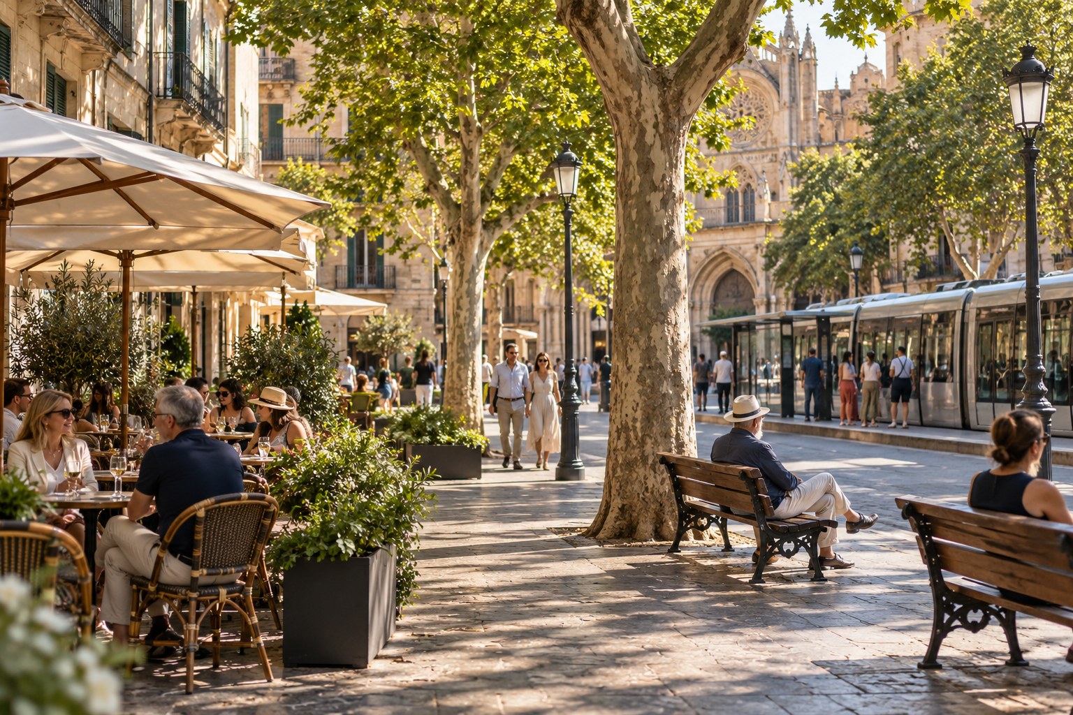 Shaded city plaza with benches, a cafe, and nearby public transit