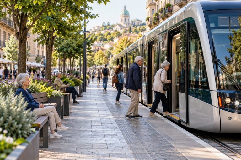 Low-floor city tram beside a step-free platform with nearby seating