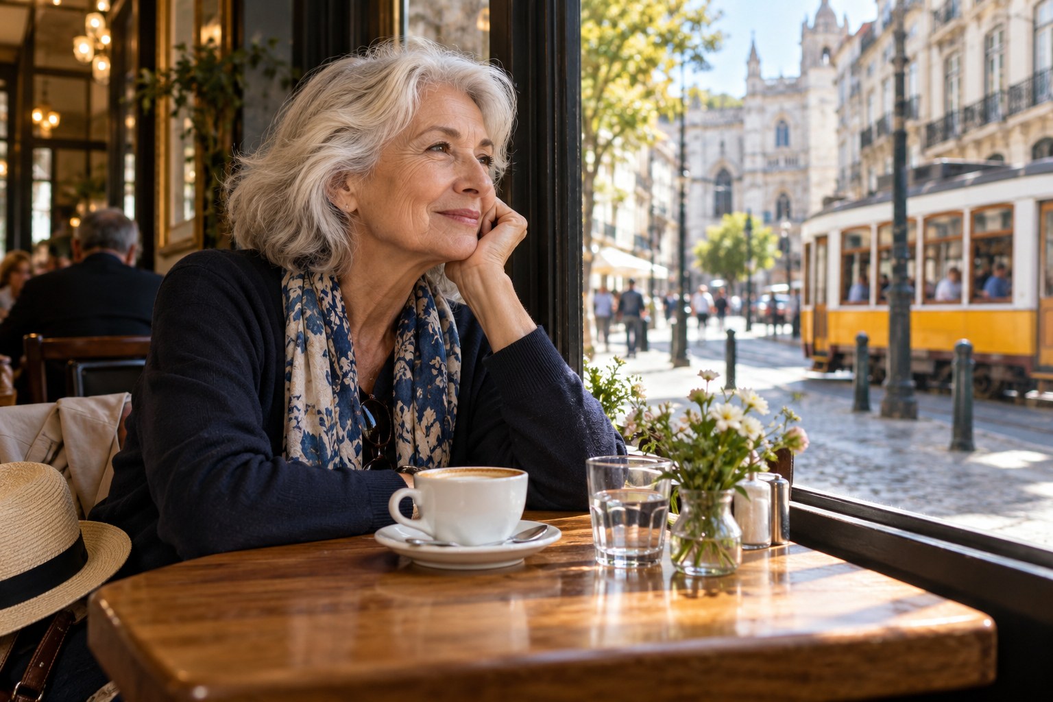 Traveler taking a seated cafe break during a low-walking city visit
