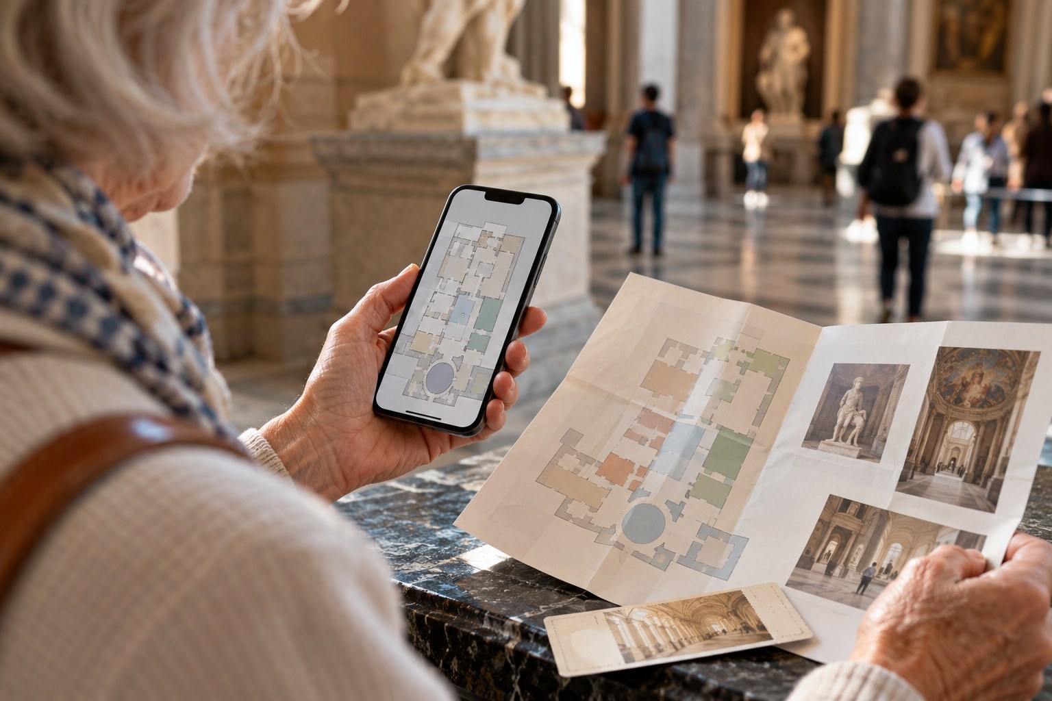 Museum visitor checking a floor map before choosing a short route