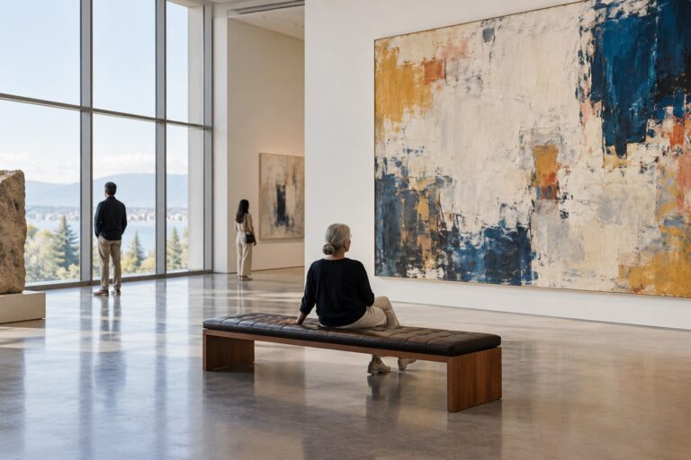 Quiet museum gallery with a bench near the exhibits