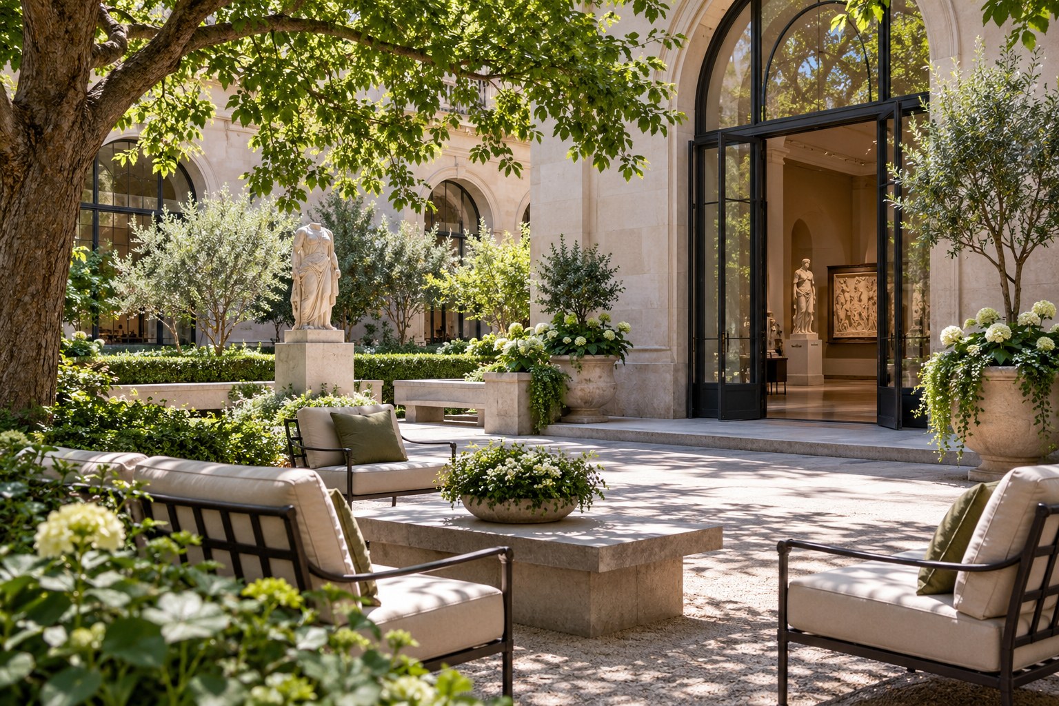 Shaded museum courtyard with benches for a calm pause