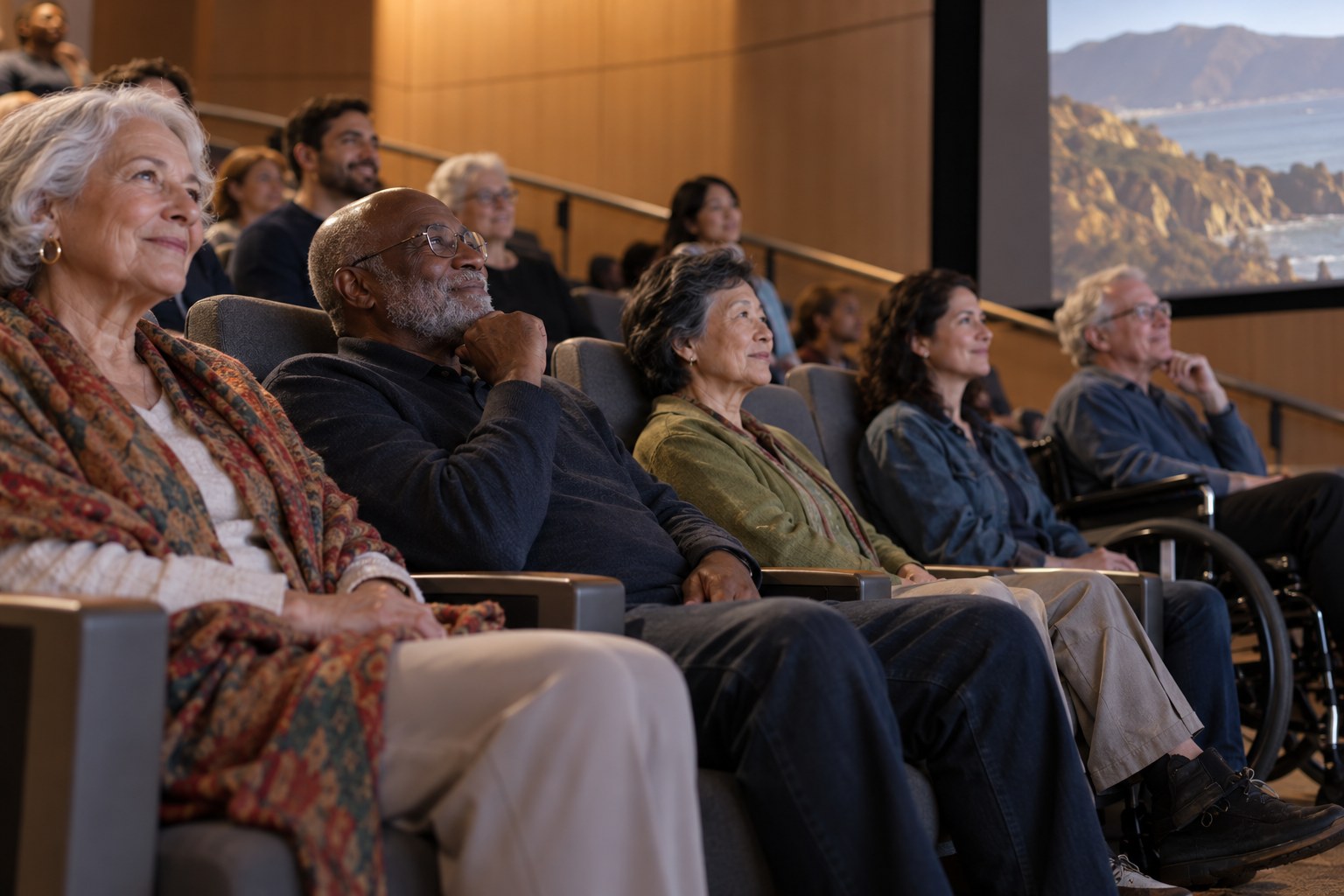 Museum visitors seated for a short gallery talk