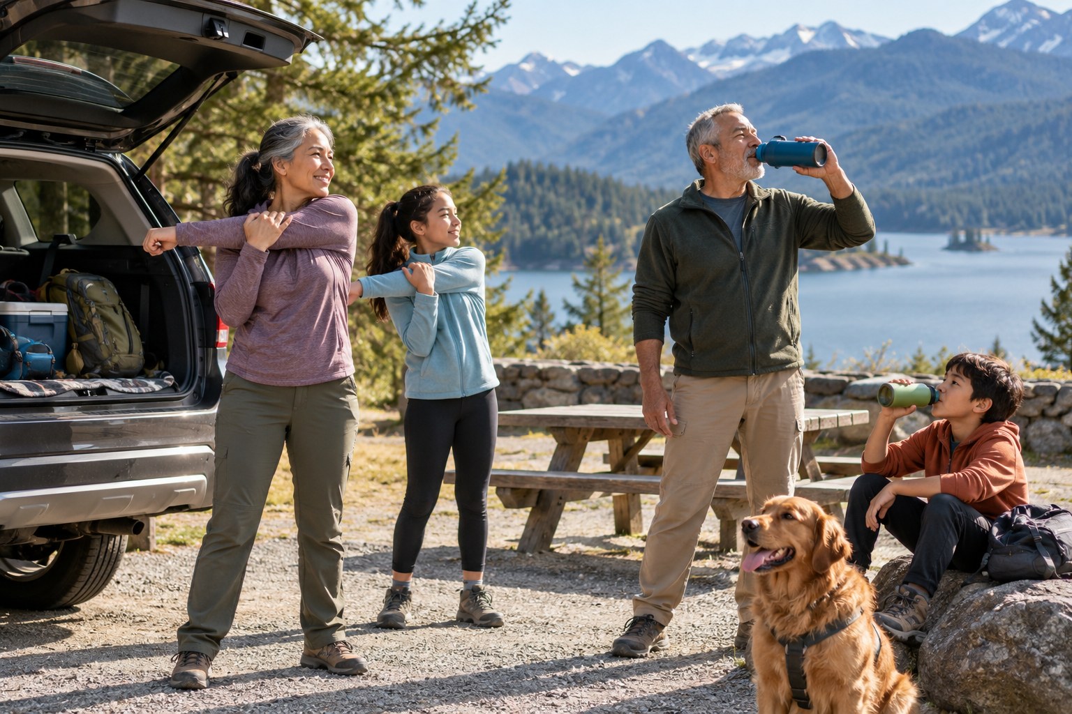 Family taking a relaxed break at a quiet roadside picnic area