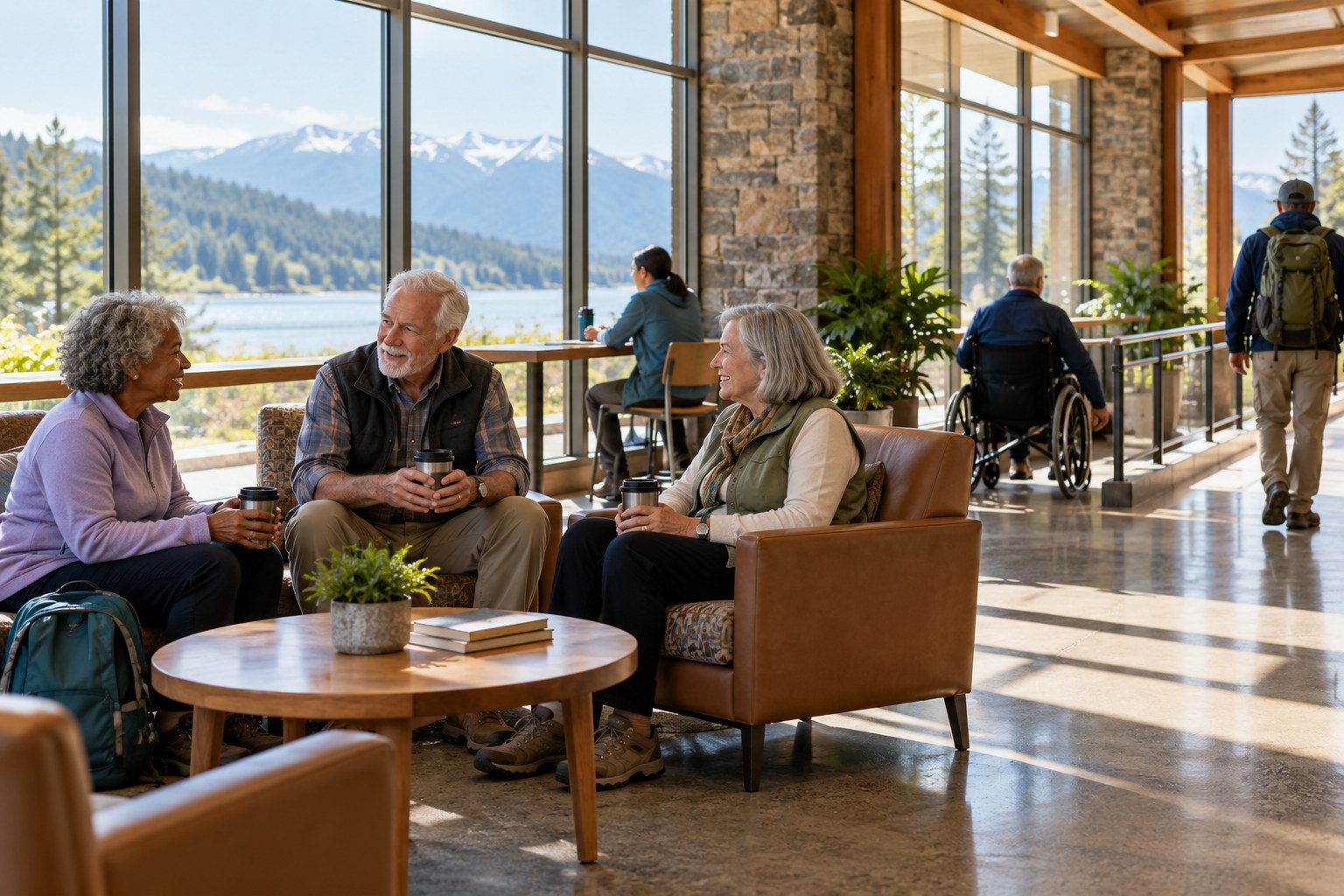 Comfortable seating inside a bright, clean travel rest area
