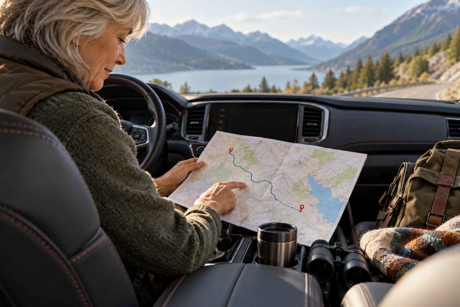 Traveler planning rest stops on a road-trip route