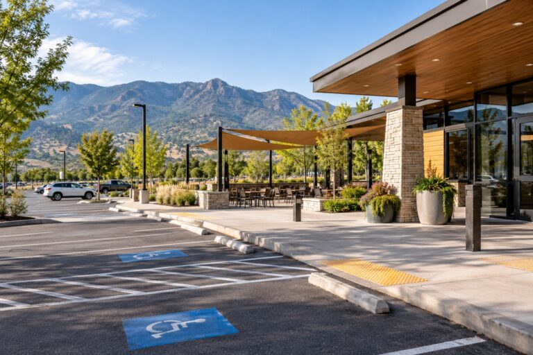 Roadside rest area with parking, an accessible entrance, and outdoor seating