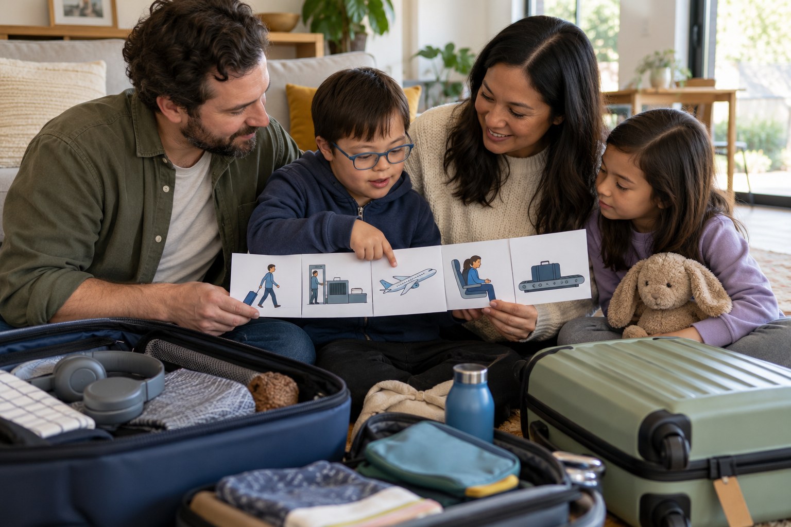 Family reviewing a simple airport sequence card together