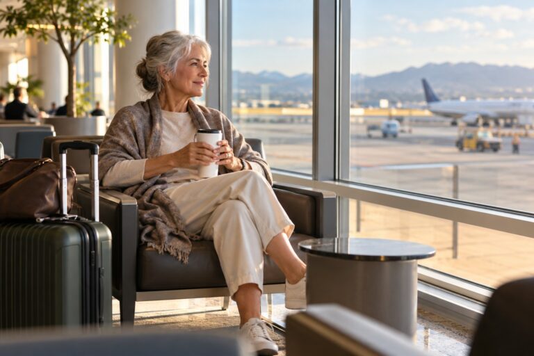 Quieter airport gate seating area away from the main boarding lane