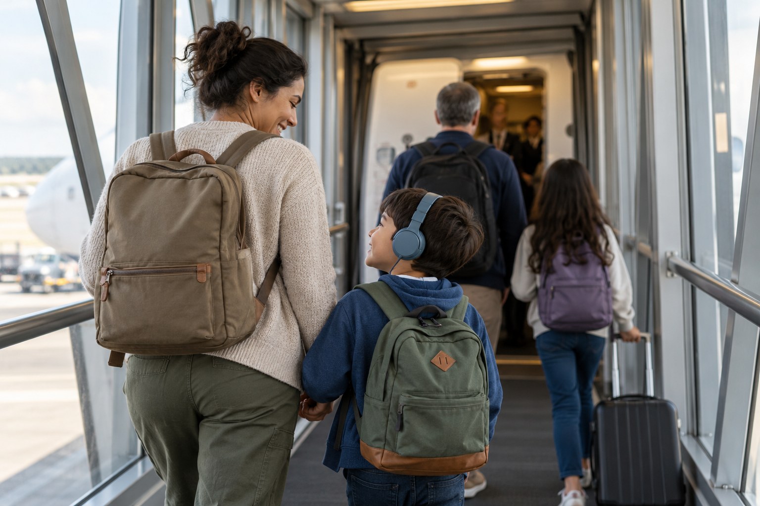 Child wearing headphones while boarding beside a caregiver