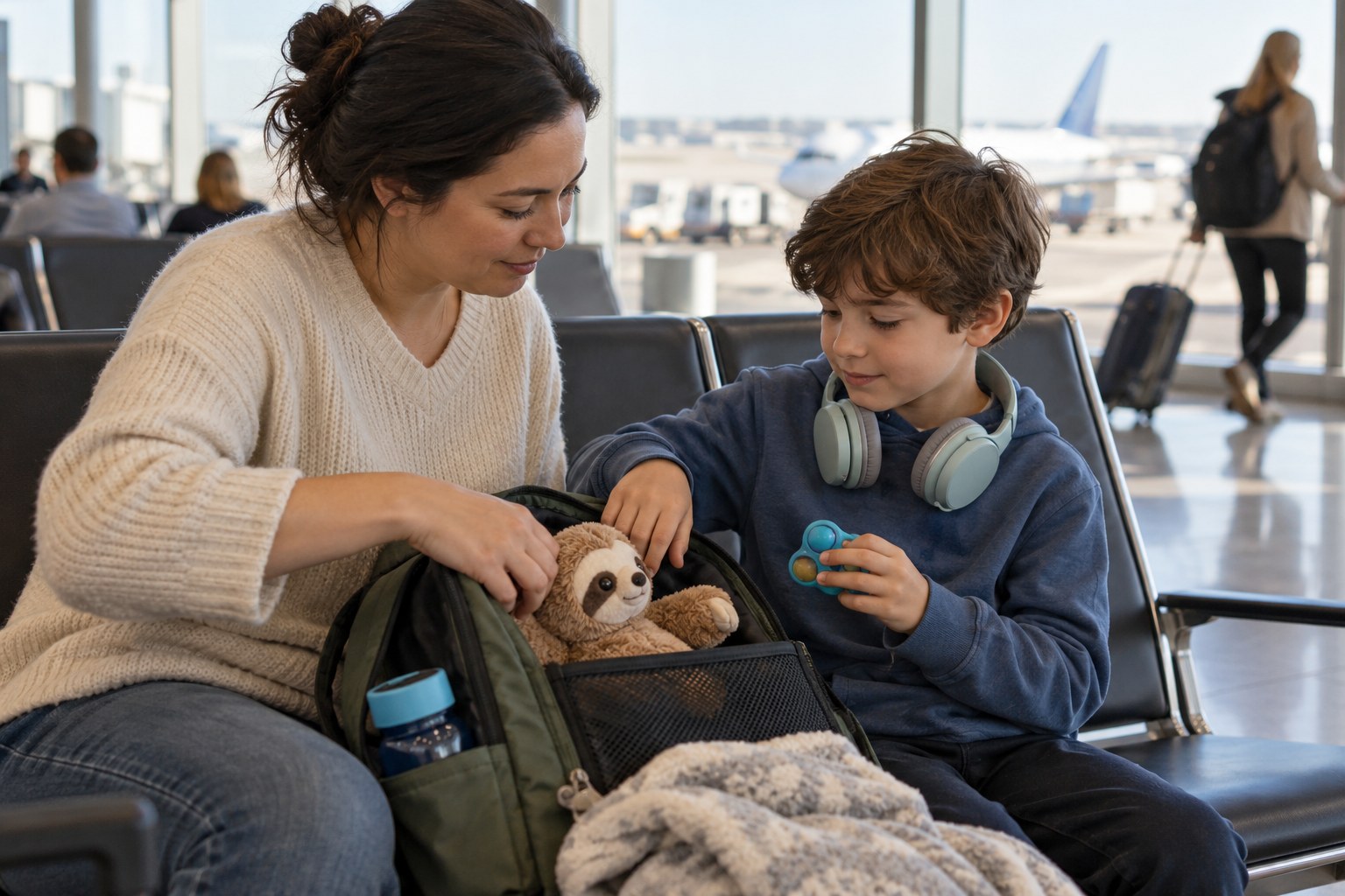 Caregiver and child organizing familiar comfort items before a flight
