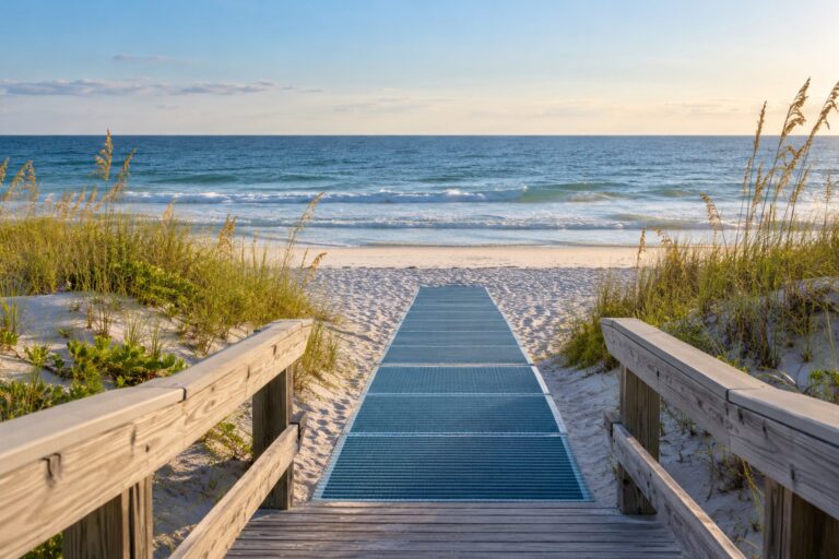 Beach access mat leading from a paved path toward the shoreline
