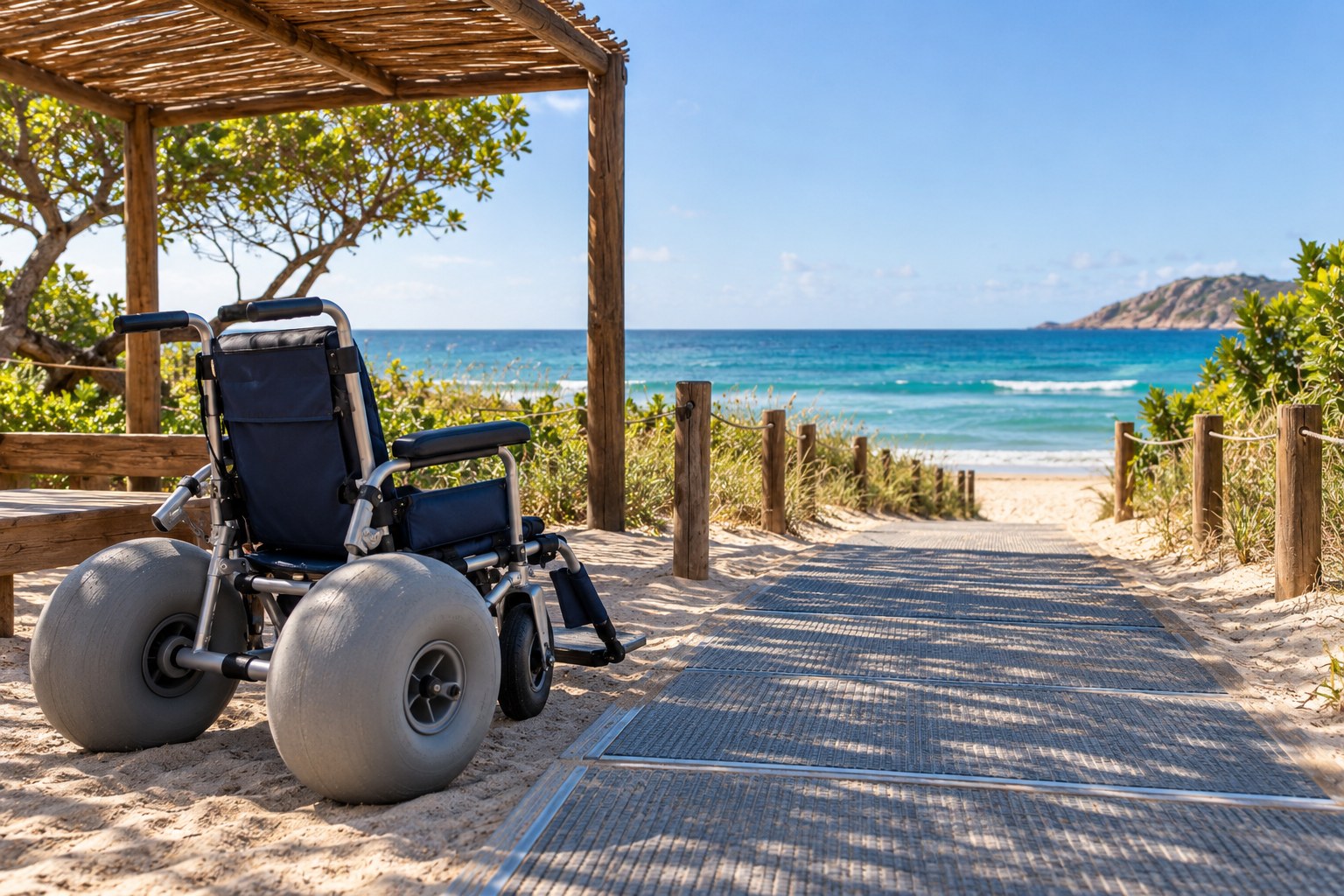 Beach mobility chair beside a firm accessible beach route