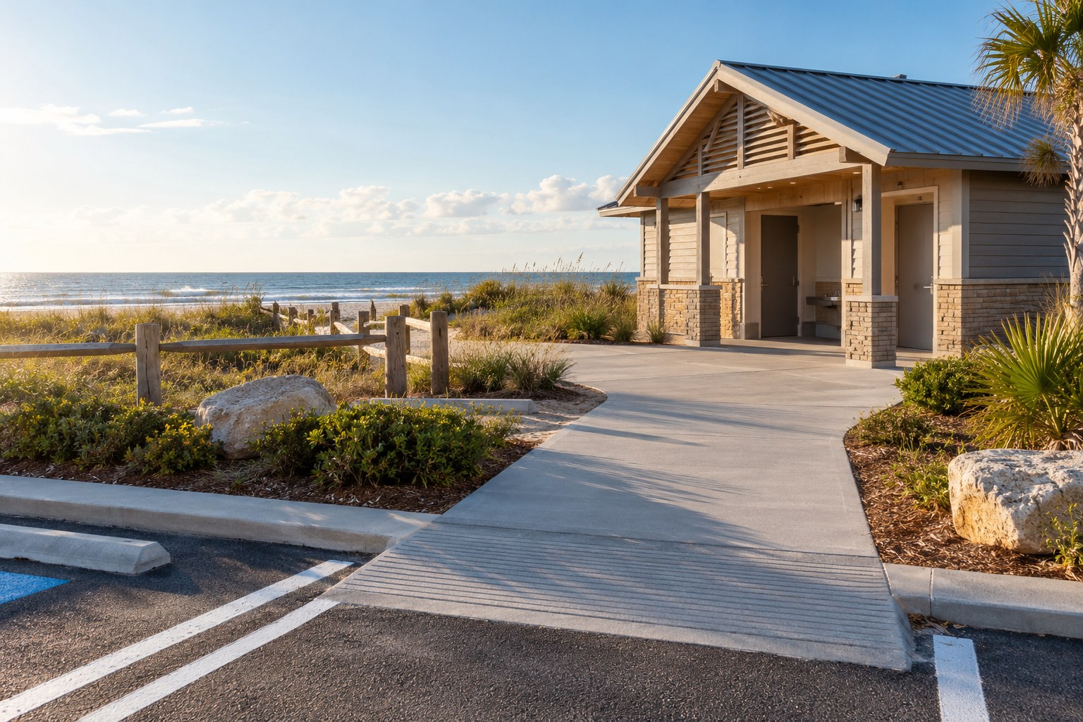 Paved beach path connecting the recreation area to a restroom