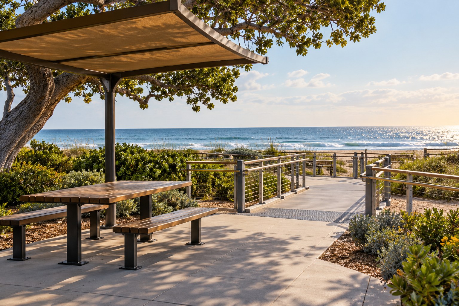 Shaded picnic seating beside a level beach access path