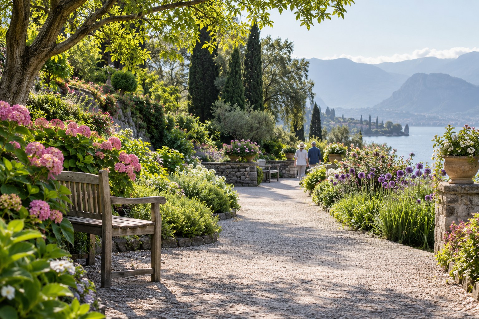 Peaceful botanical garden path with shaded seating