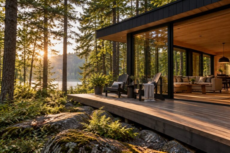 Quiet cabin porch looking toward a calm wooded landscape