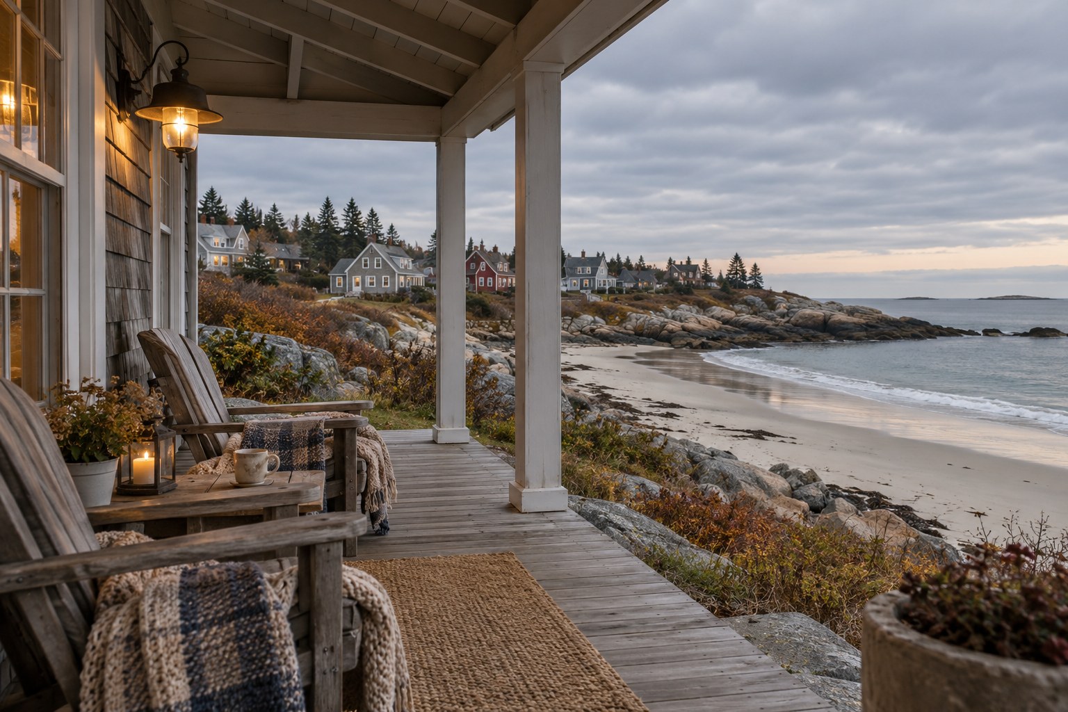 Quiet coastal village and beach during the off-season