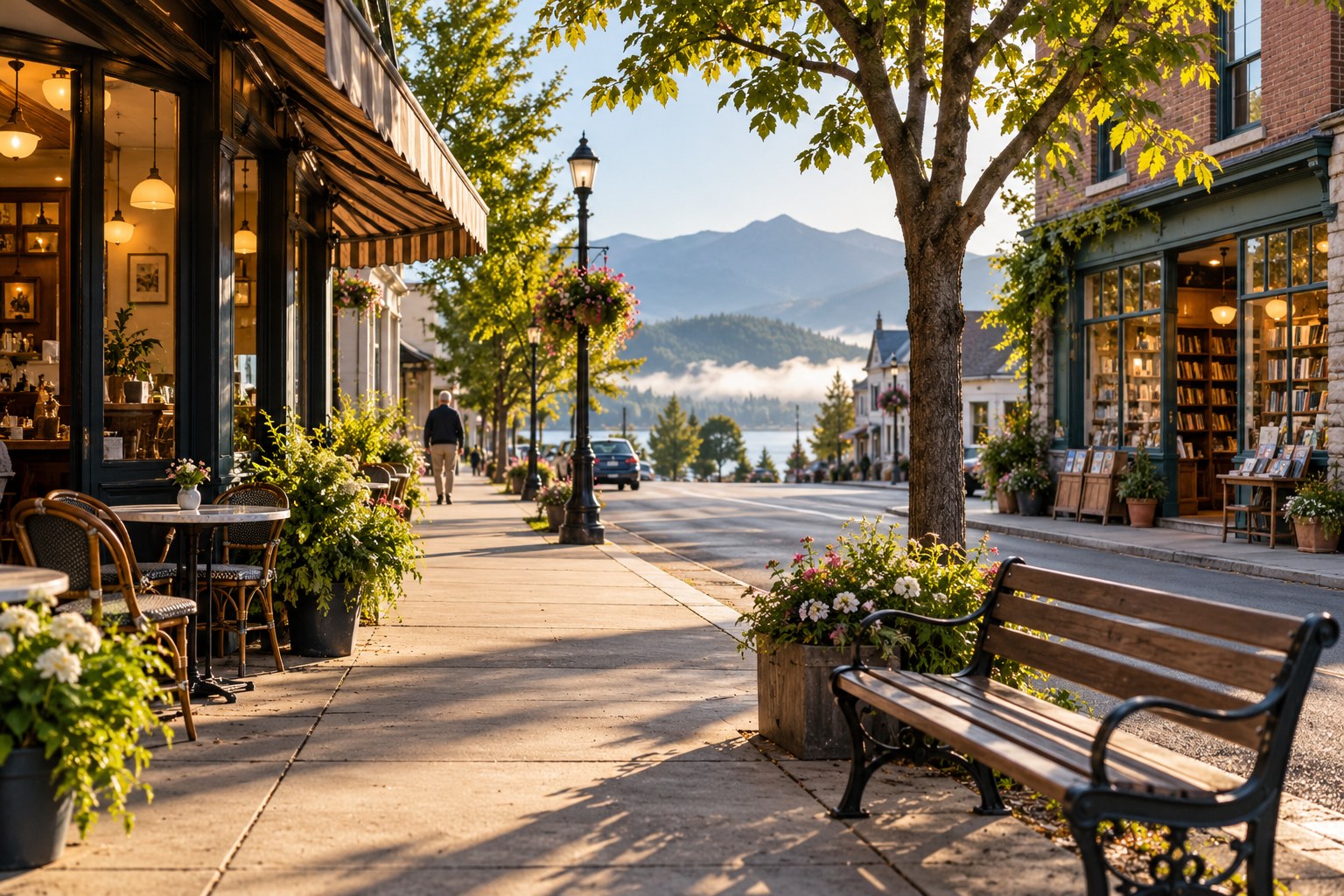Calm small-town street with a few shops and uncrowded sidewalks