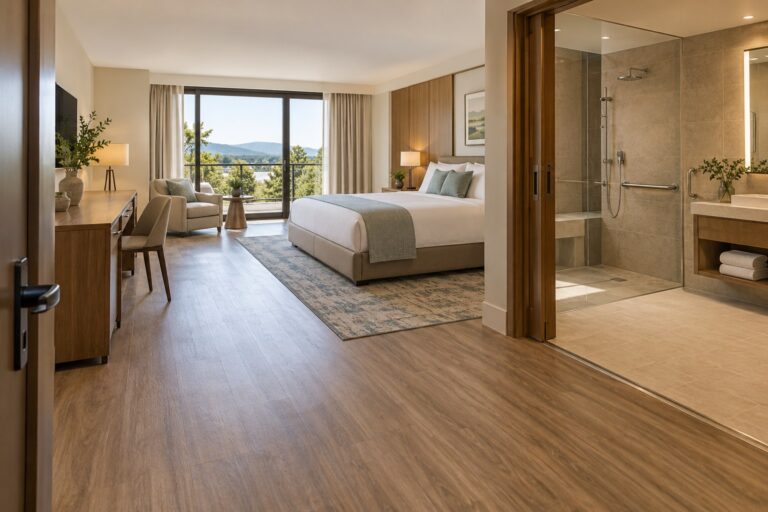 Hotel room with a clear route between the entry, bed, and bathroom