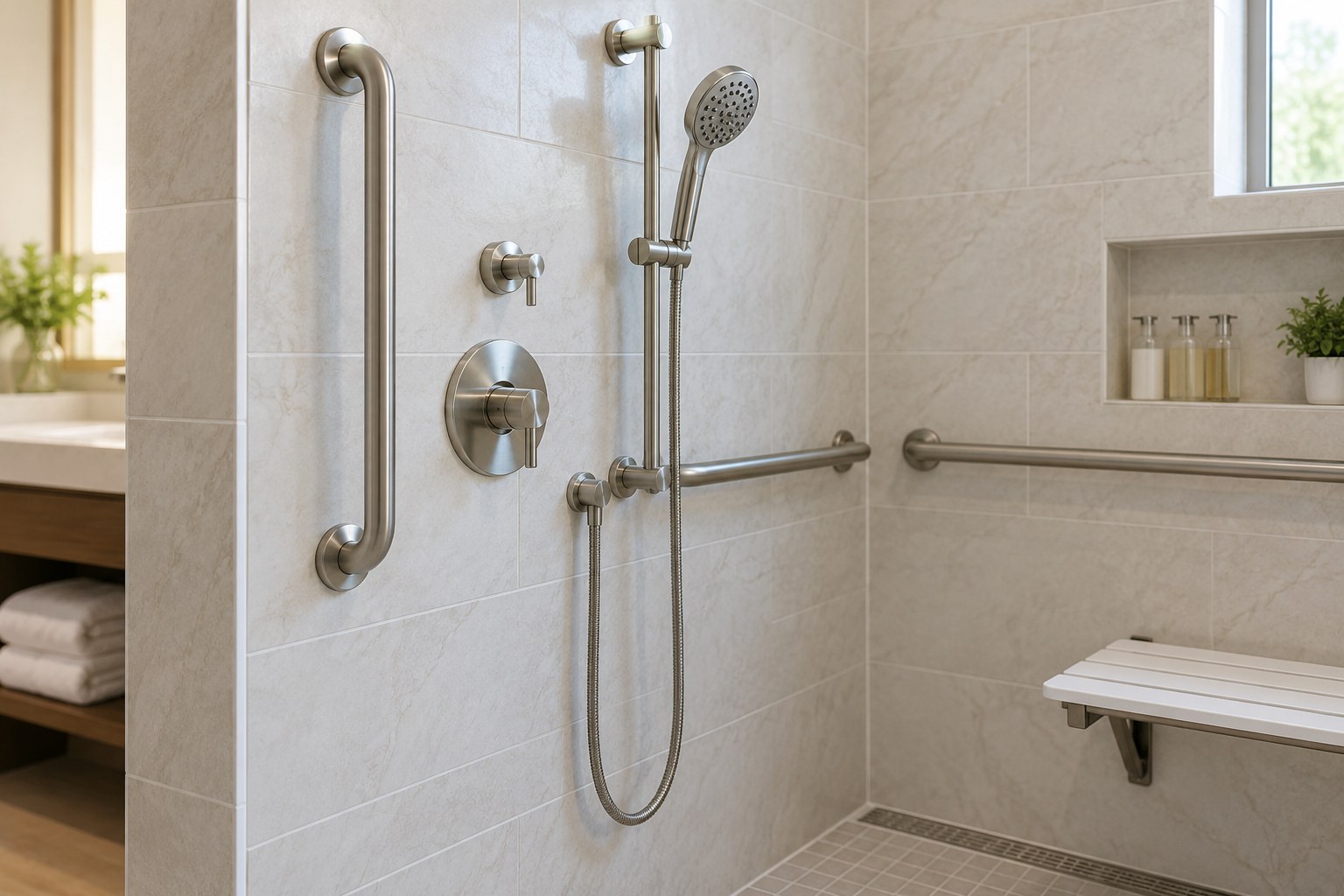 Roll-in hotel shower with reachable controls and grab bars
