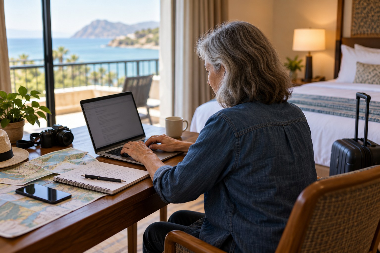 Traveler writing a hotel accessibility question on a laptop