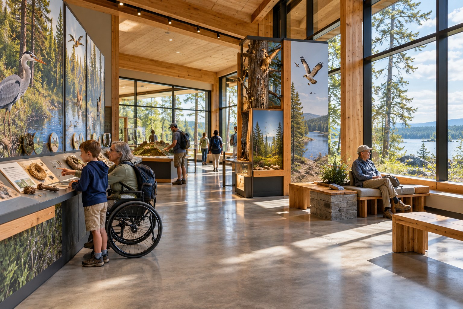 Indoor nature-center exhibit with clear pathways and seating