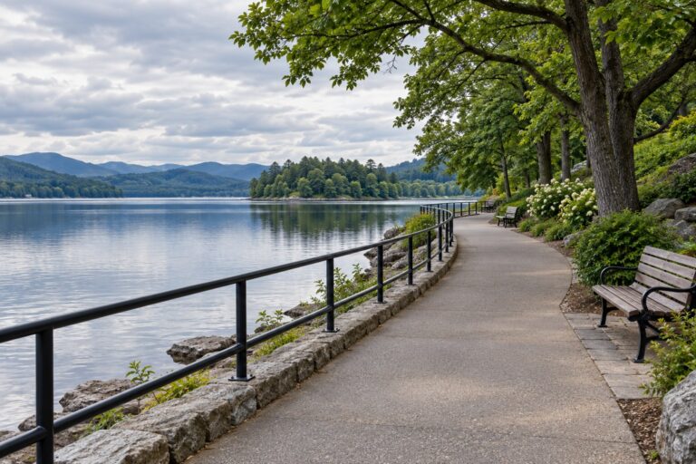 Smooth lakeside path with benches and a clear turnaround view
