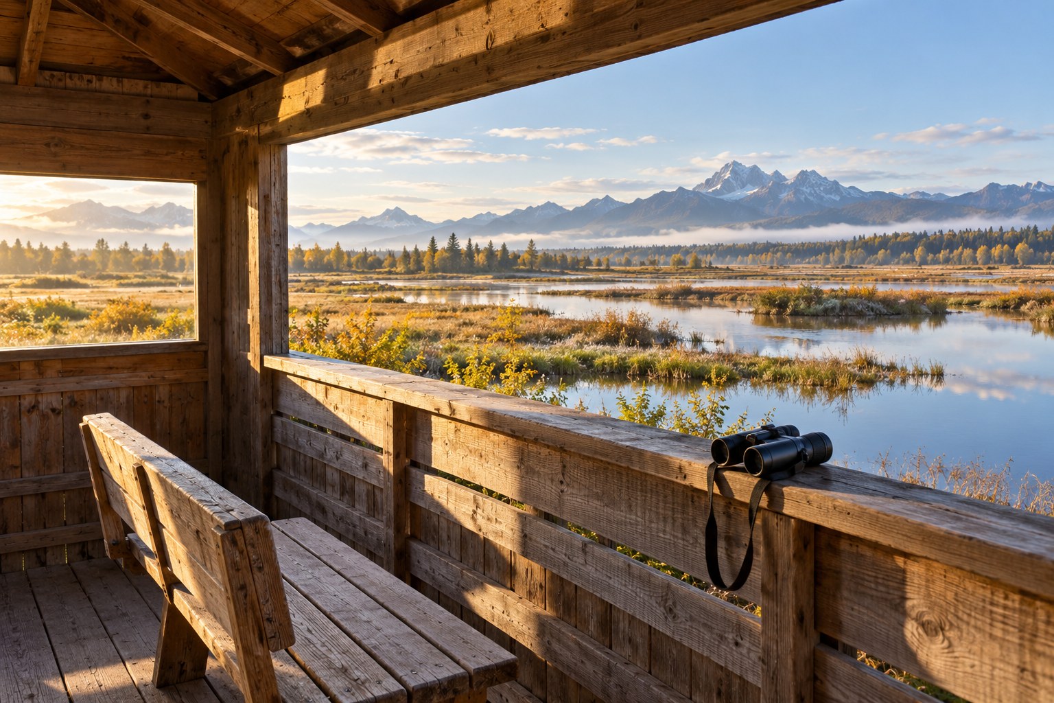 Sheltered wildlife viewing platform with seating beside a wetland