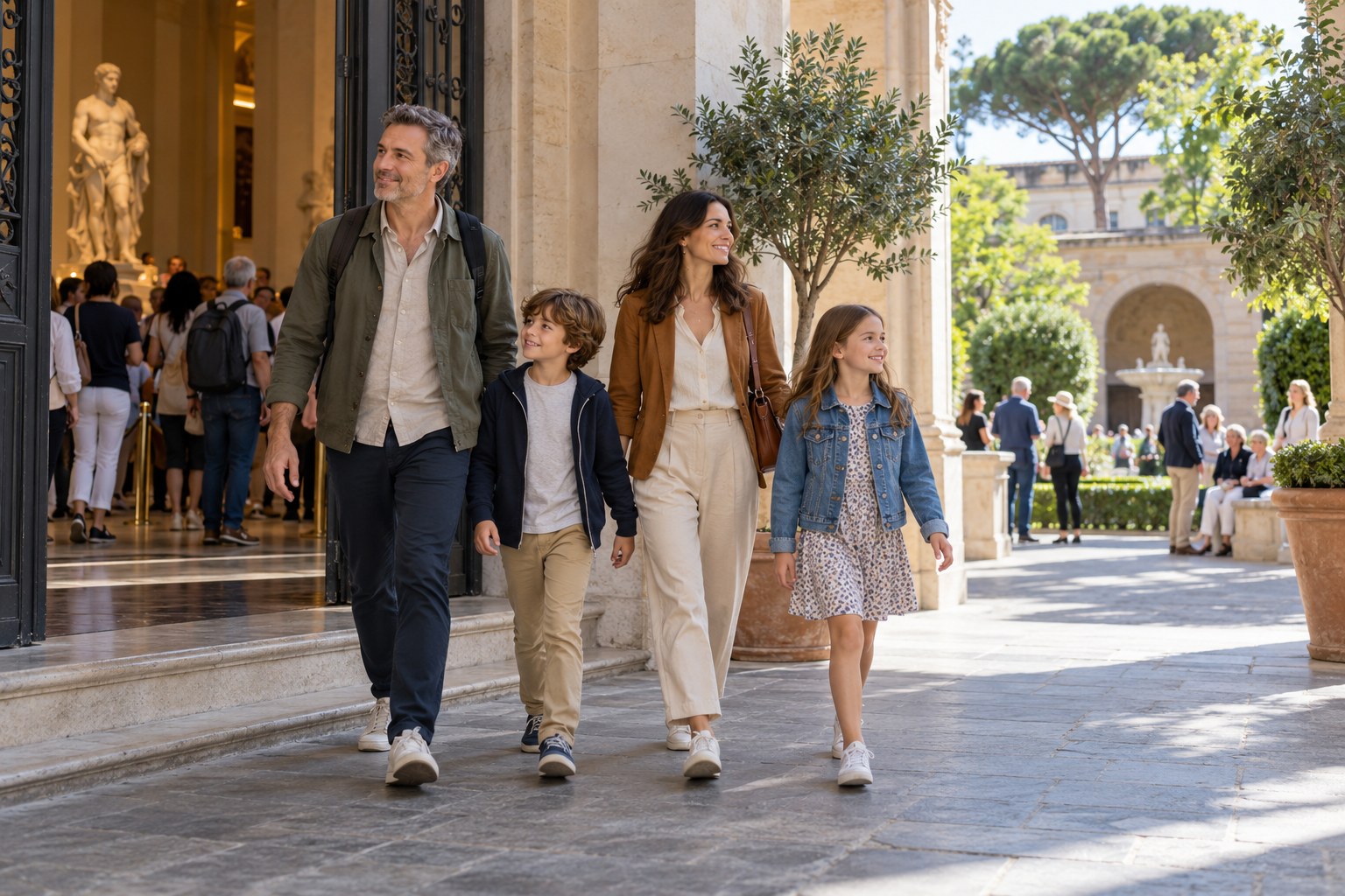 Family leaving a popular attraction through a quieter courtyard route