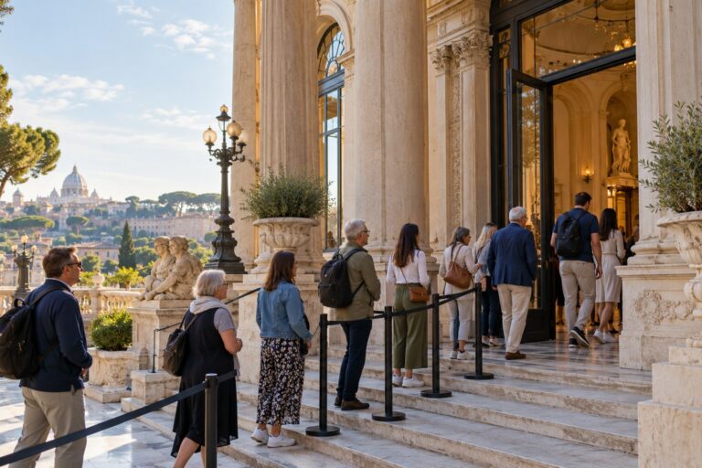 Small, orderly queue outside a popular attraction at opening time