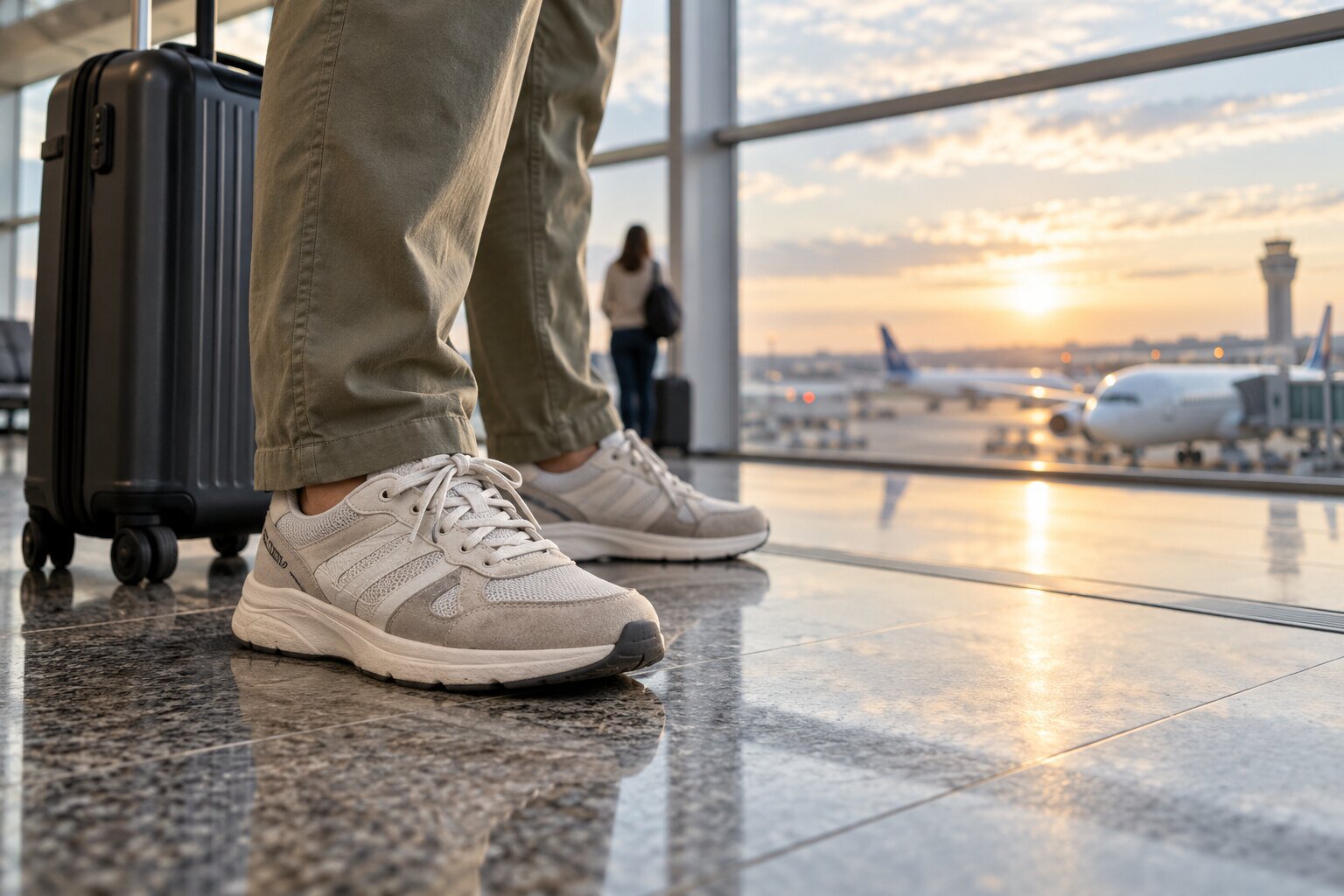 Comfortable walking sneakers beside a carry-on in an airport terminal.