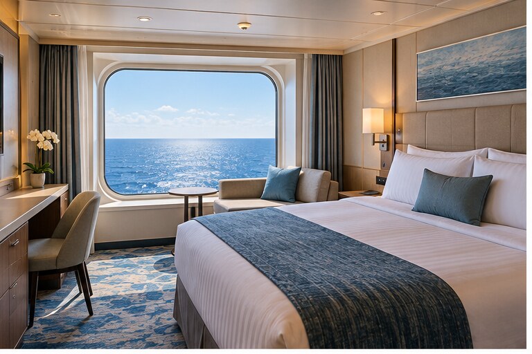 Bright ocean-view cruise cabin with a neatly made bed