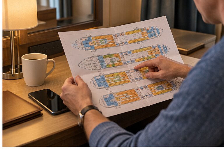 Traveler comparing cruise-ship deck plans before choosing a cabin