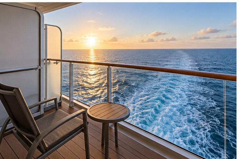 Cruise-ship balcony overlooking the vessel’s wake at sunrise